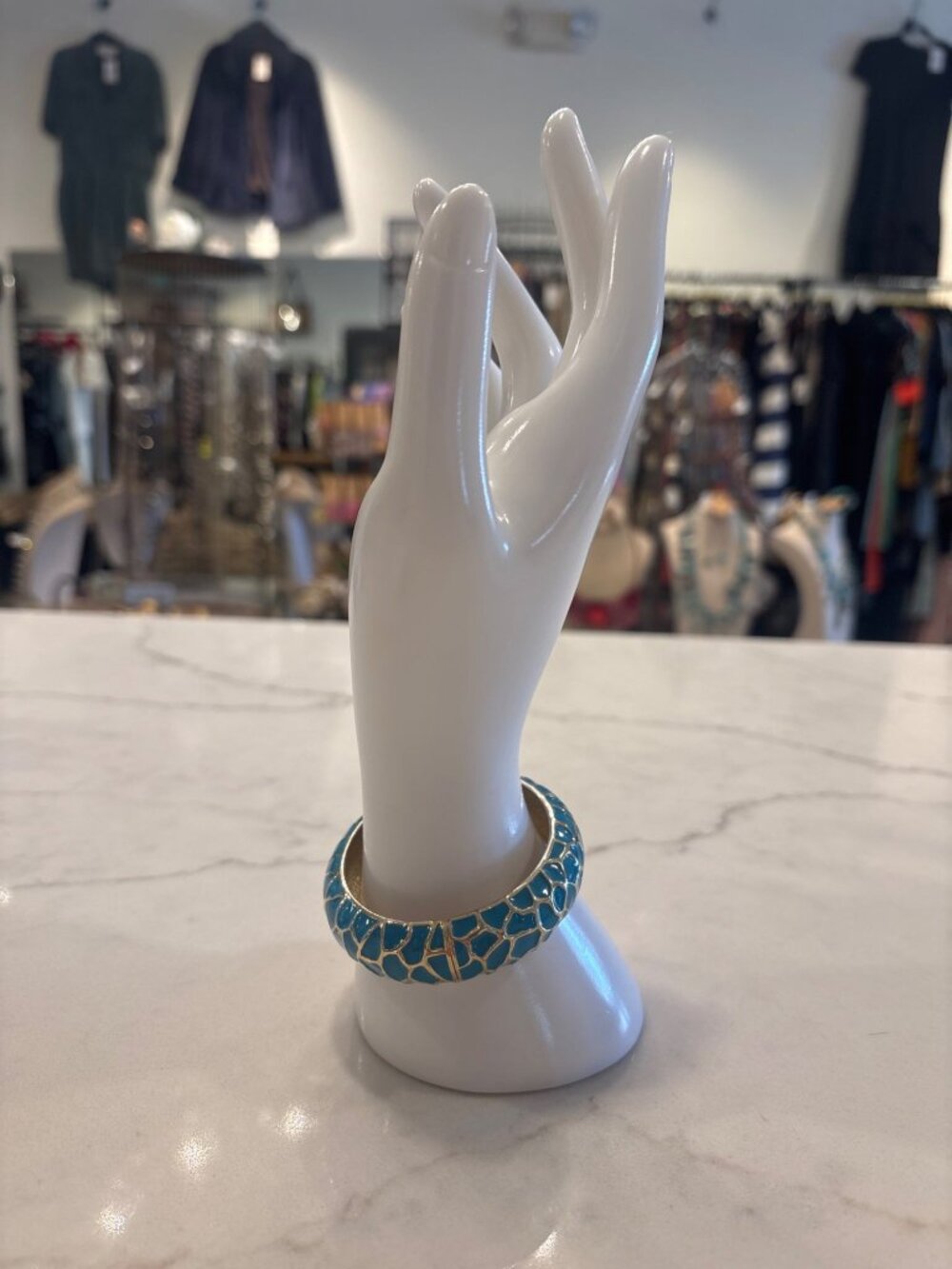 Hinged Bangle Bracelet Giraffe Print Enamel Turquoise Gold-Tone